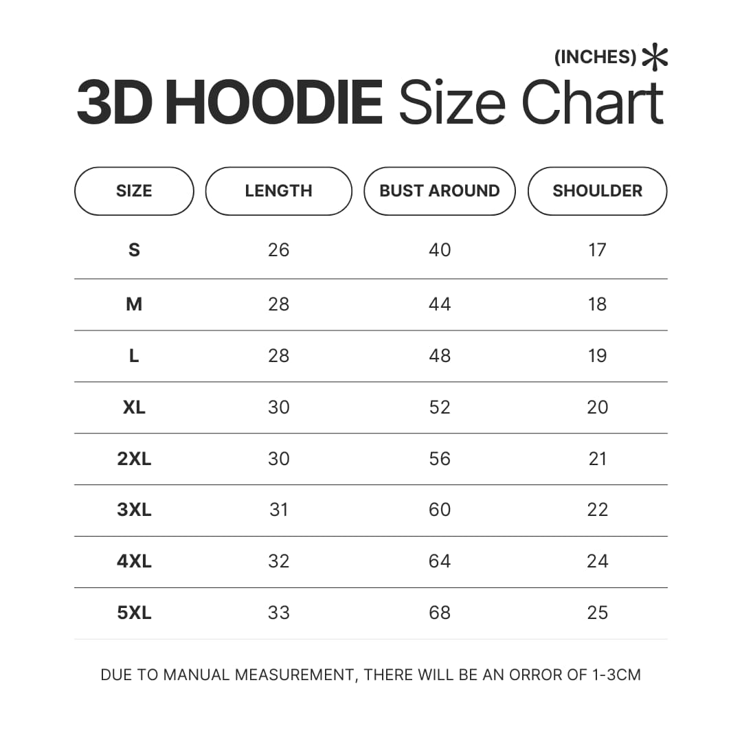 3D Hoodie Size Chart 1 - Banana Fish Store